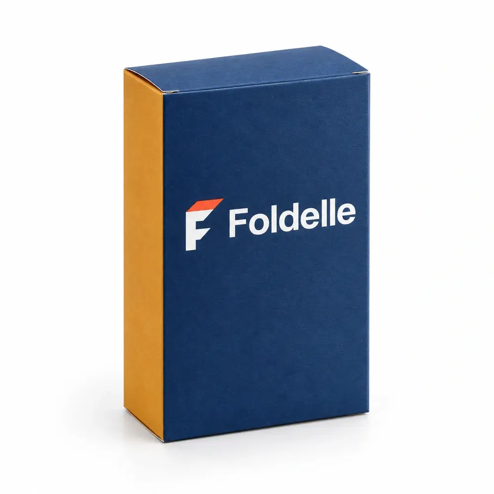 denim blue with ochre accents straight tuck cartons with Foldelle logo printing on a white background