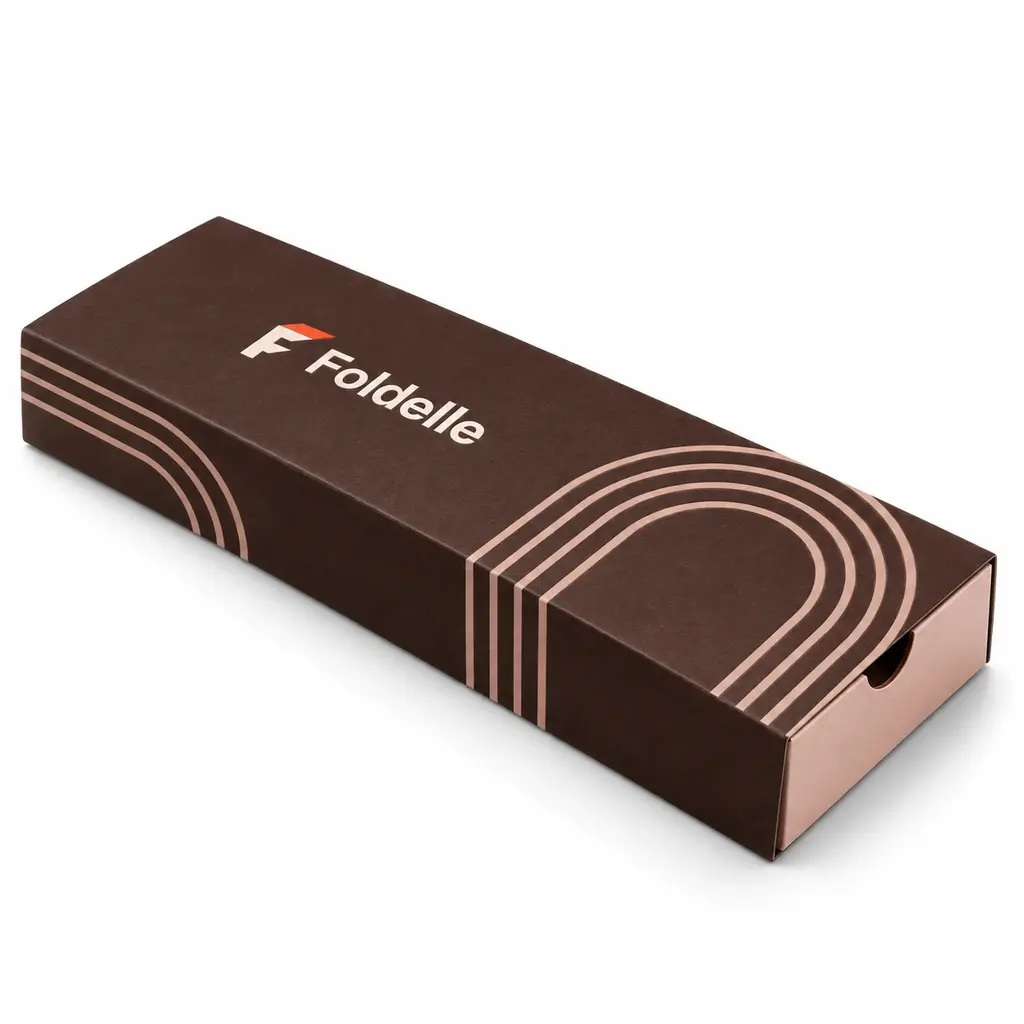 espresso brown and blush long sleeve with folded paperboard tray with Foldelle logo printing on a white background
