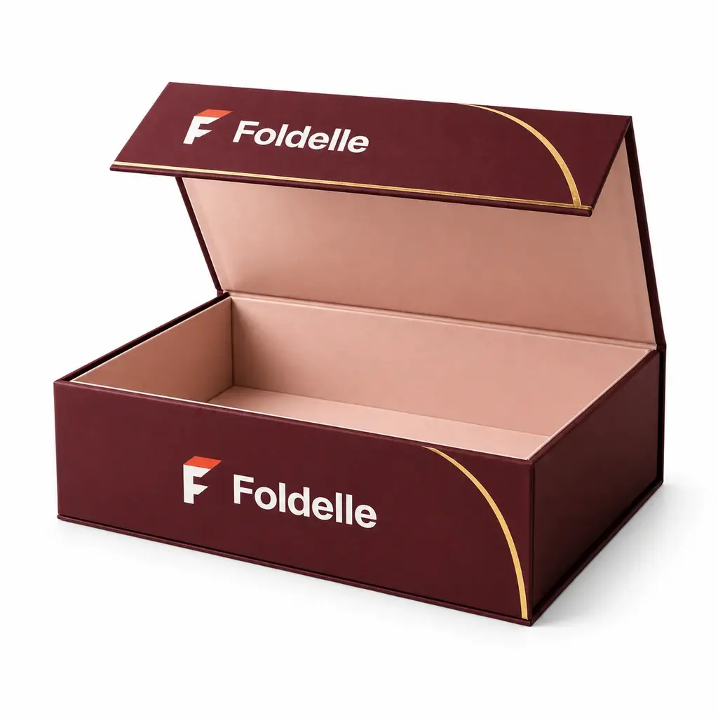 oxblood and blush rectangular hinged magnetic flap box with Foldelle logo printing on a white background