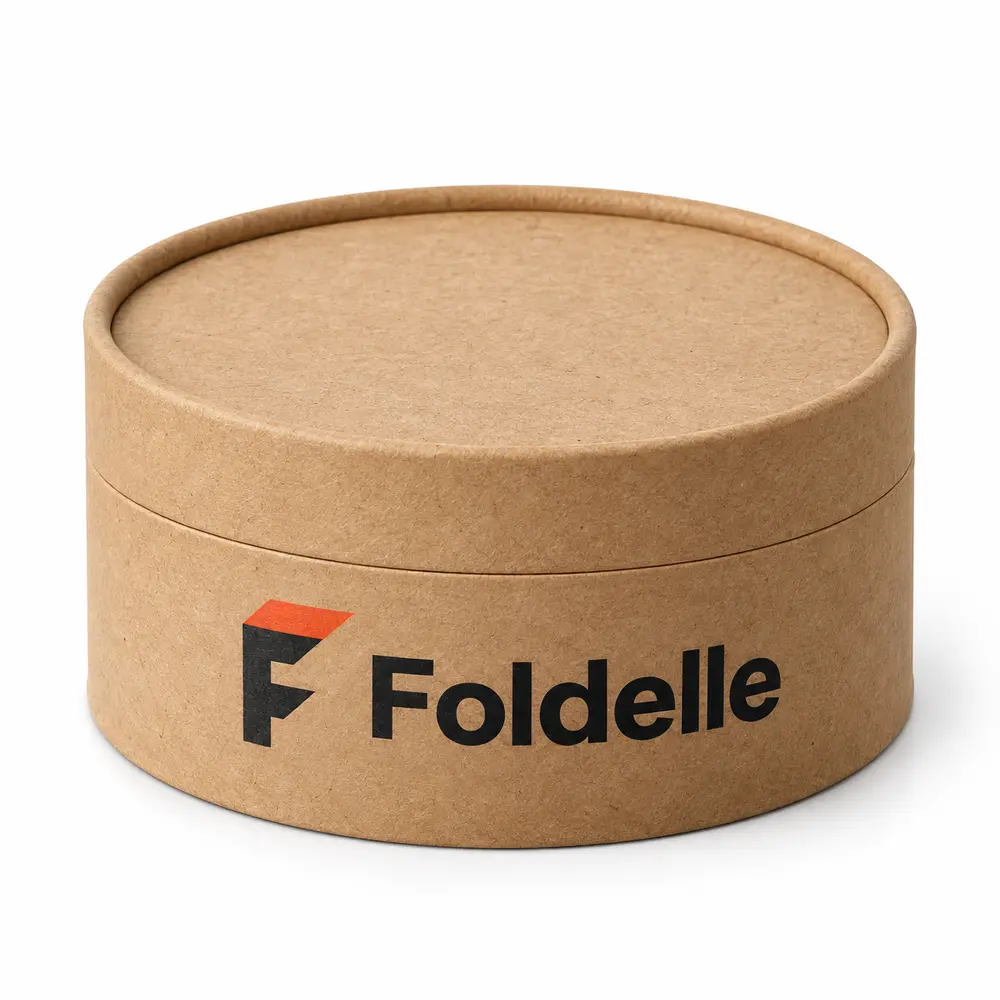 warm kraft brown with black accents paper end-cap tubes with Foldelle logo printing on a white background