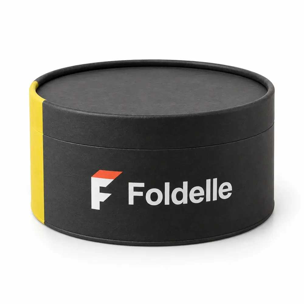 charcoal with lemon yellow accents rolled-edge gift tubes with Foldelle logo printing on a white background