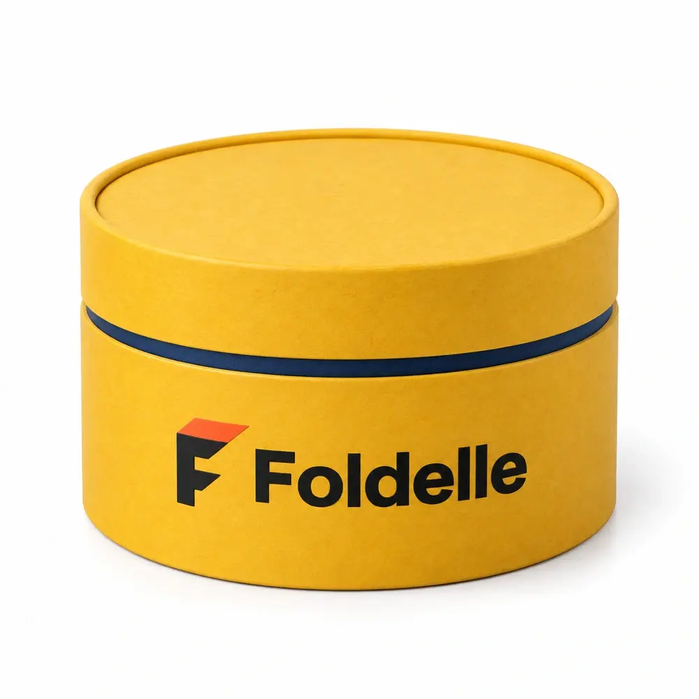 saffron yellow with ink blue accents shoulder paper tubes with Foldelle logo printing on a white background