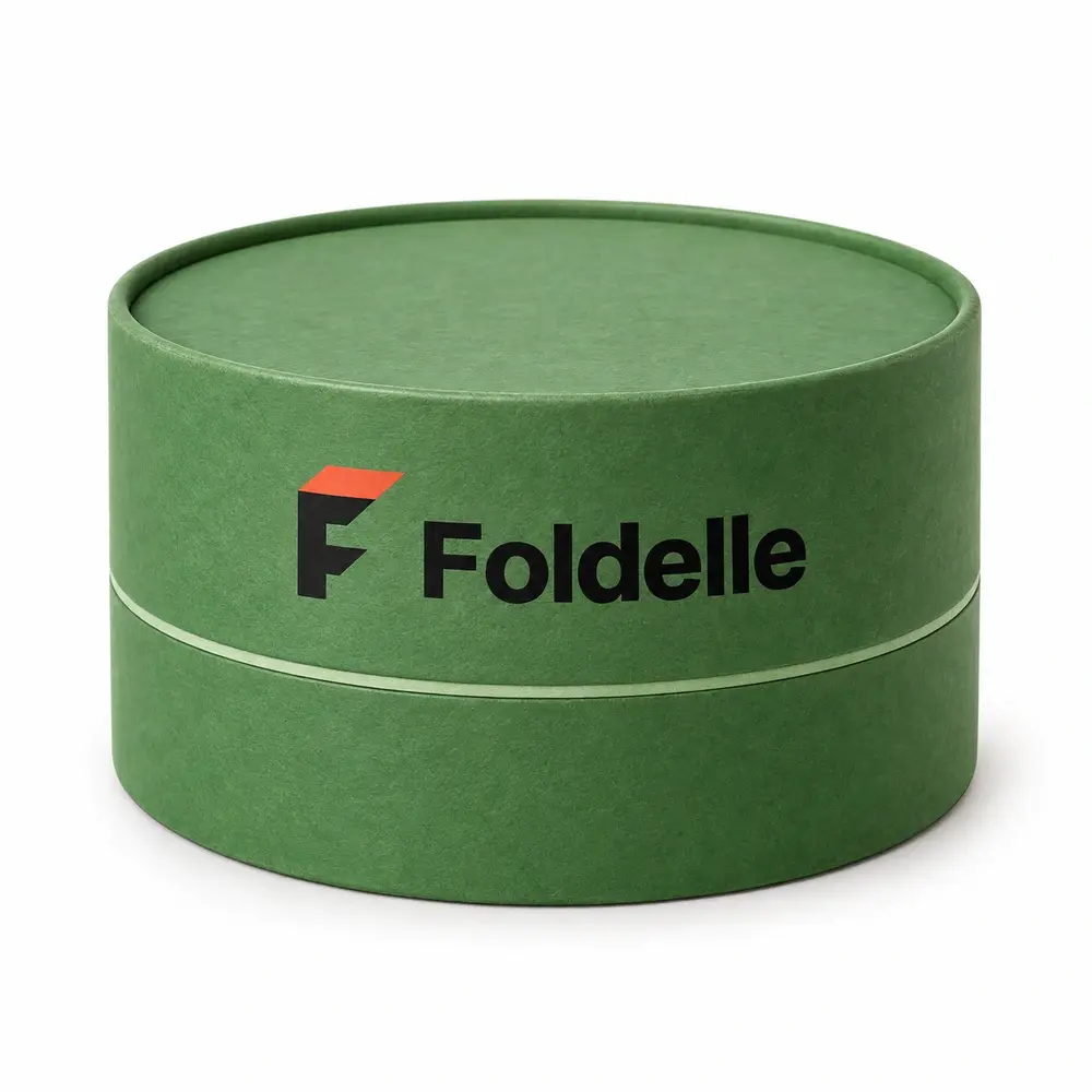 grass green with pale mint accents telescopic paper tubes with Foldelle logo printing on a white background