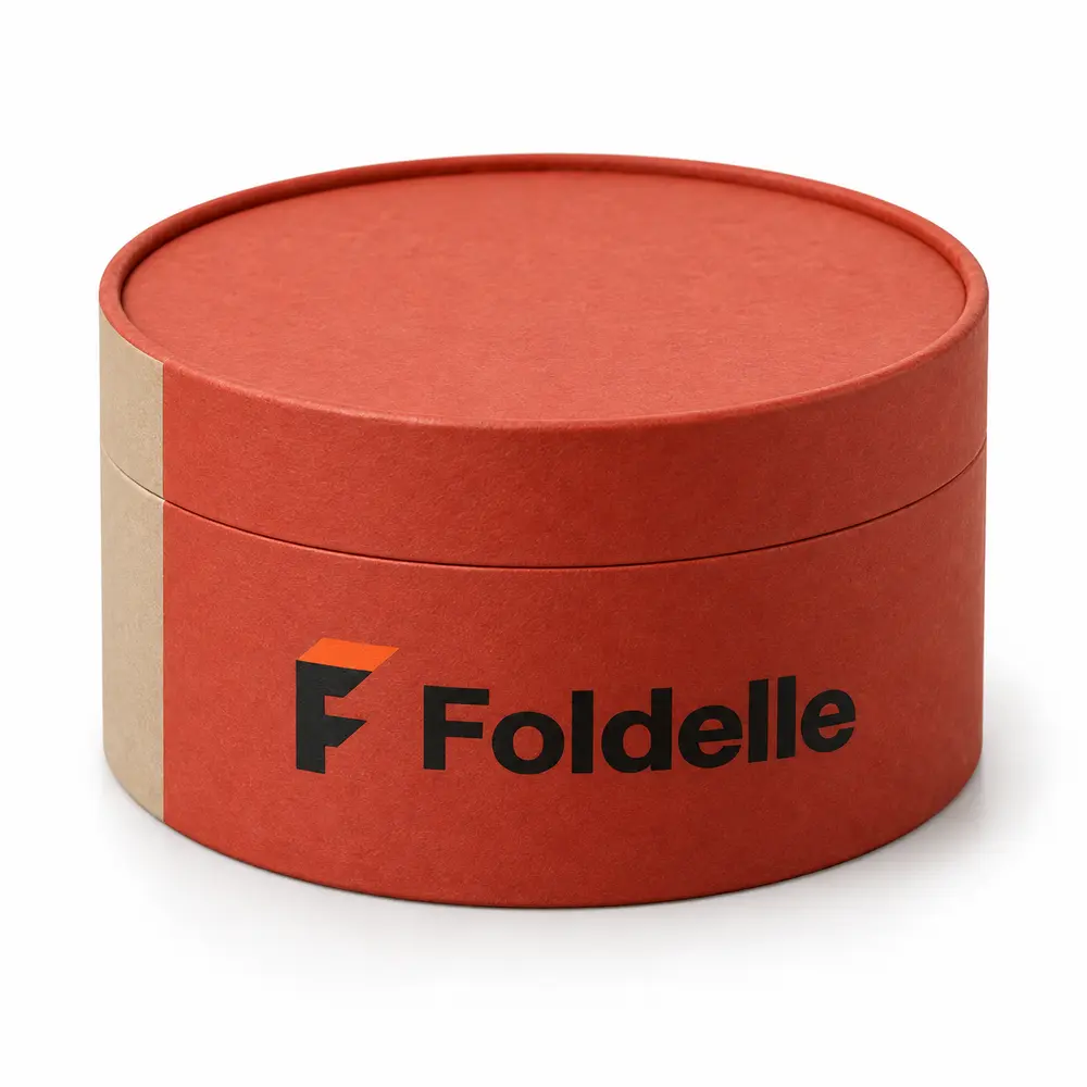 brick red with sand accents two-piece paper tubes with Foldelle logo printing on a white background
