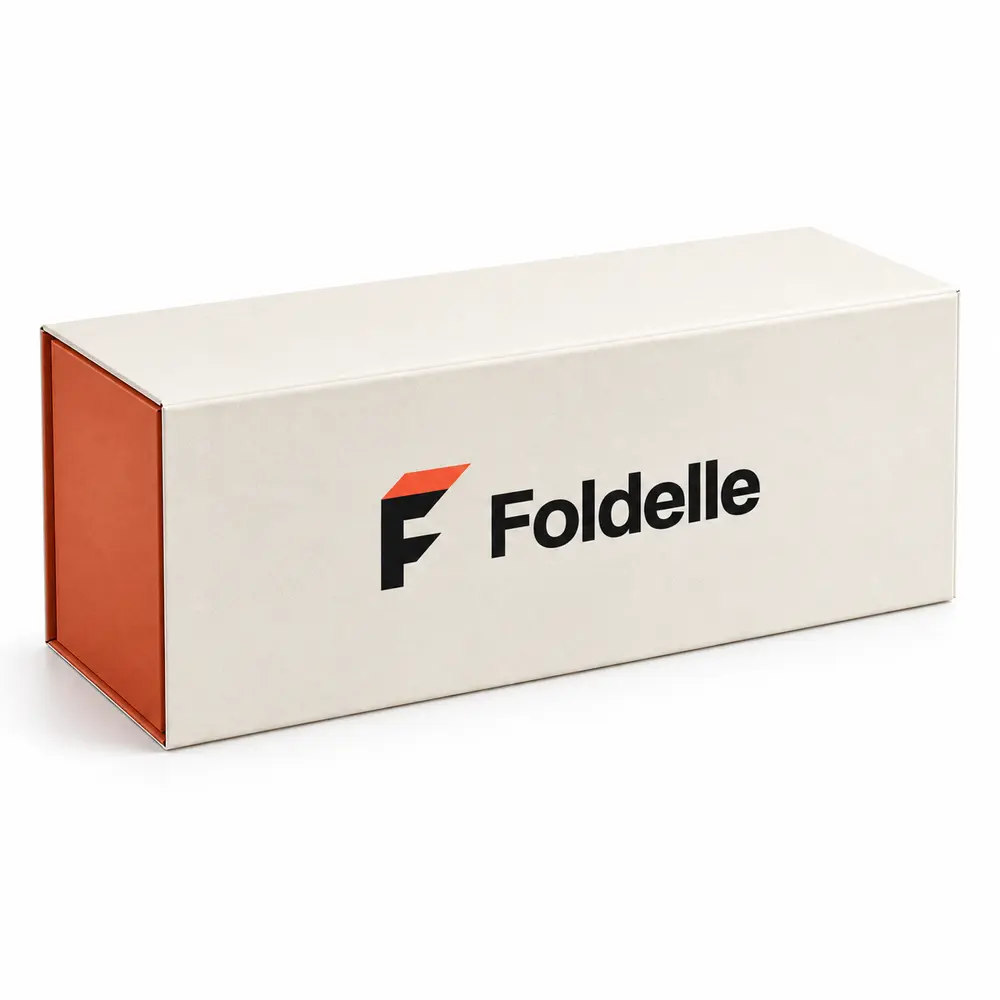ivory with terracotta accents collapsible magnetic boxes with Foldelle logo printing on a white background
