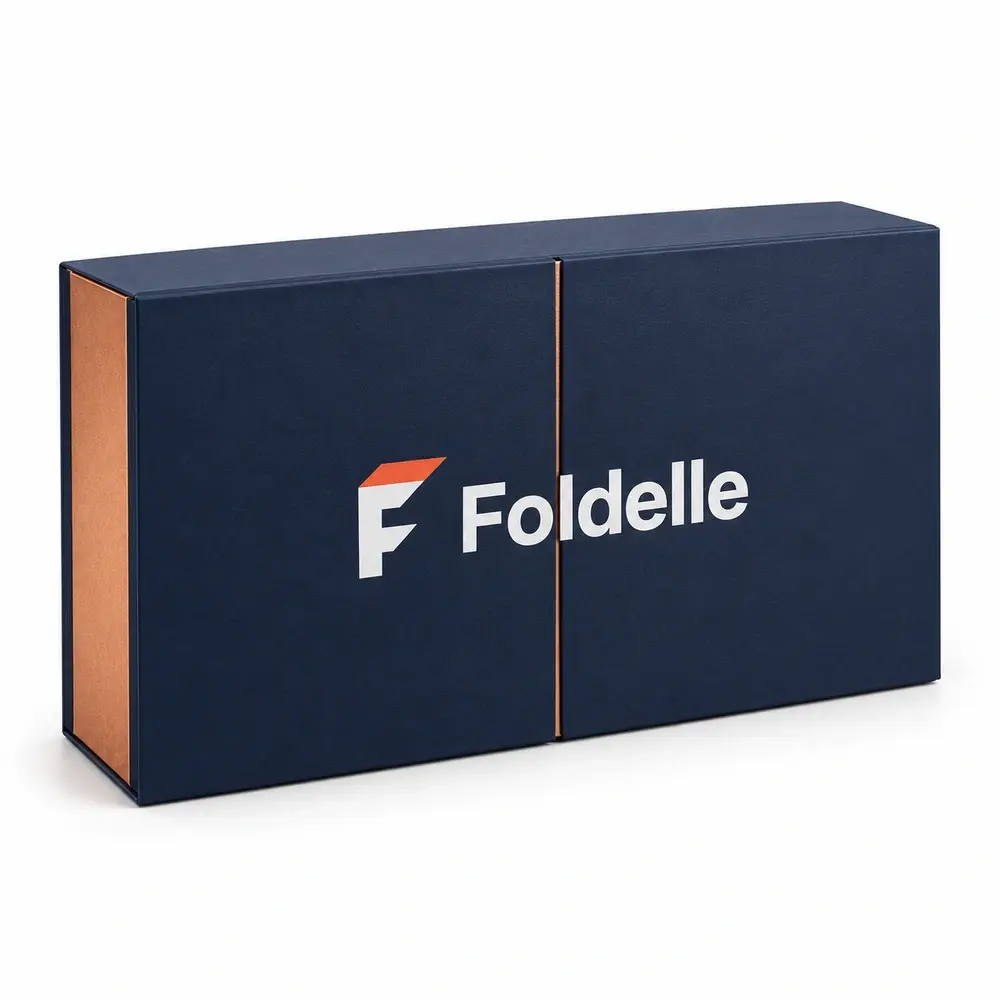 navy with copper accents double-door gift boxes with Foldelle logo printing on a white background