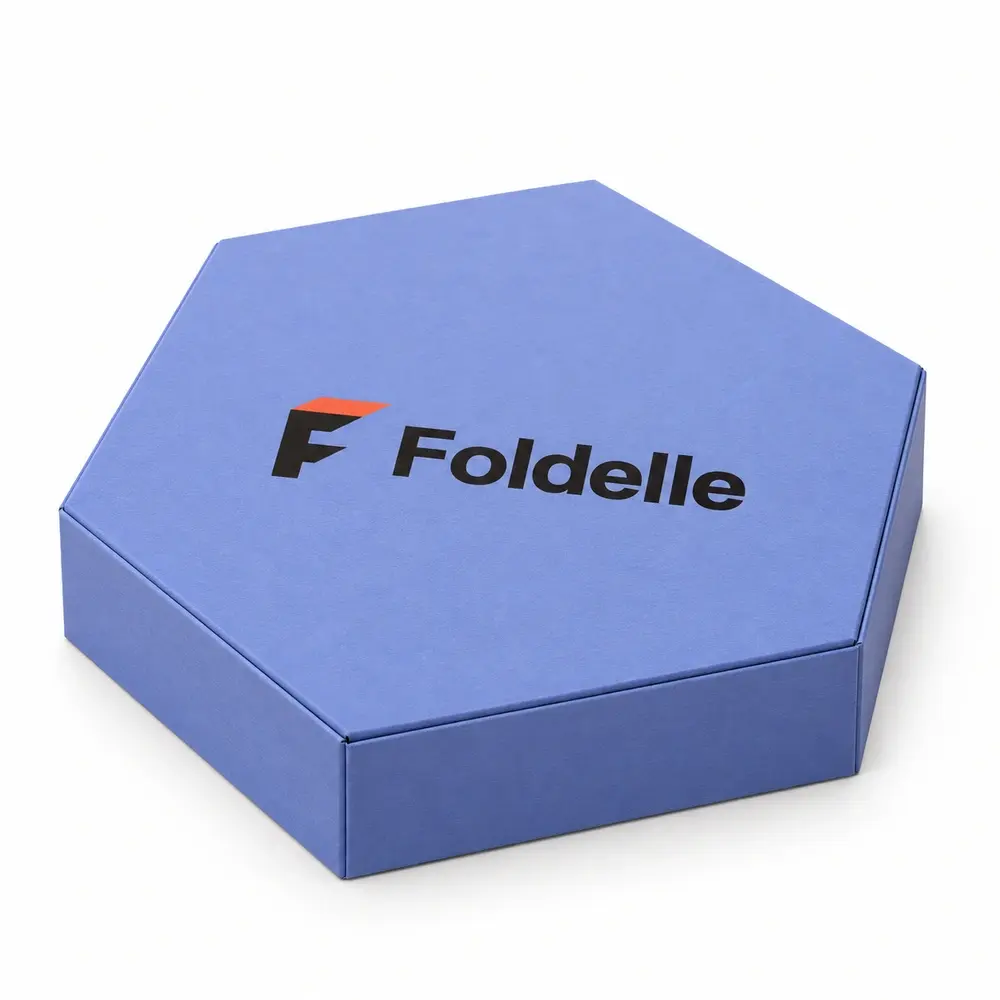 periwinkle with ivory accents hexagonal magnetic boxes with Foldelle logo printing on a white background