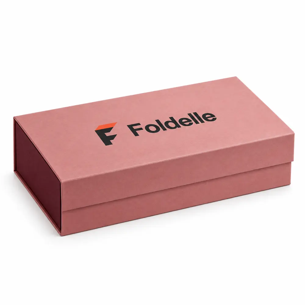 dusty rose with burgundy accents magnetic book boxes with Foldelle logo printing on a white background