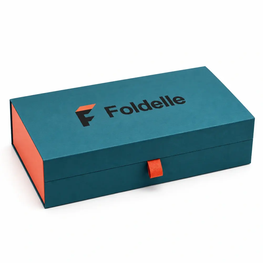 kingfisher teal with coral accents ribbon magnetic presentation boxes with Foldelle logo printing on a white background