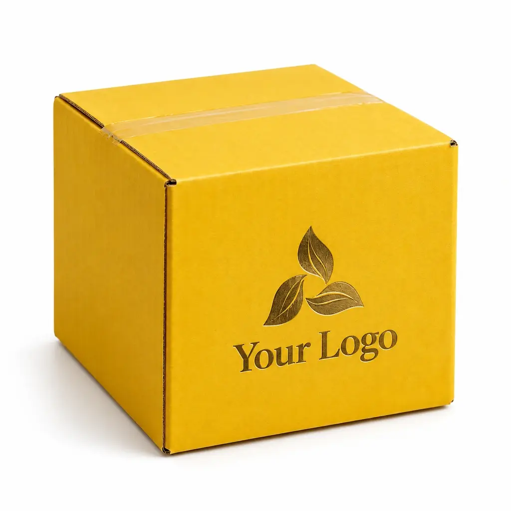 Yellow corrugated shipping carton printed with Your Logo and an original emblem