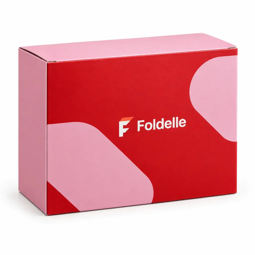 cherry red and pink wide rectangular crash-lock retail carton with Foldelle logo printing on a white background