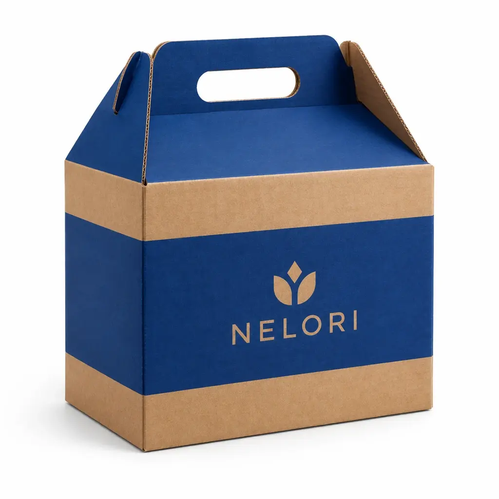 kraft brown and cobalt gable carry box in corrugated board with NELORI logo printing on a white background