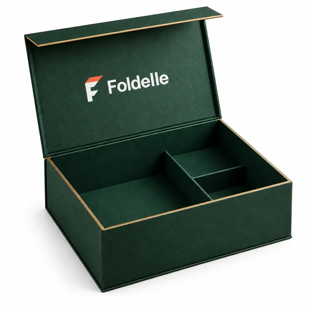pine green and brass deep rectangular hinged magnetic box with Foldelle logo printing on a white background