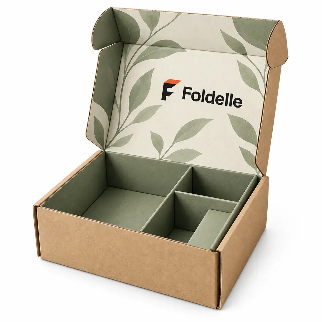 sage and cream deep square roll-end mailer with Foldelle logo printing on a white background
