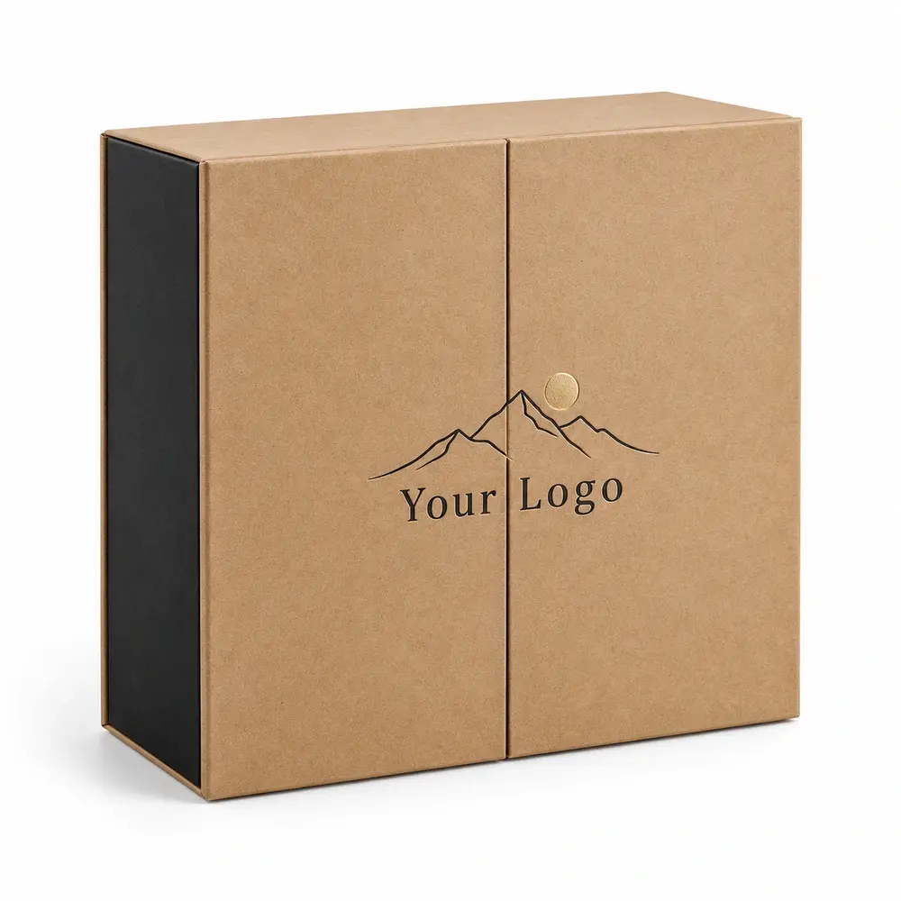 warm kraft brown with black accents double-door gift boxes with Your Logo logo printing on a white background