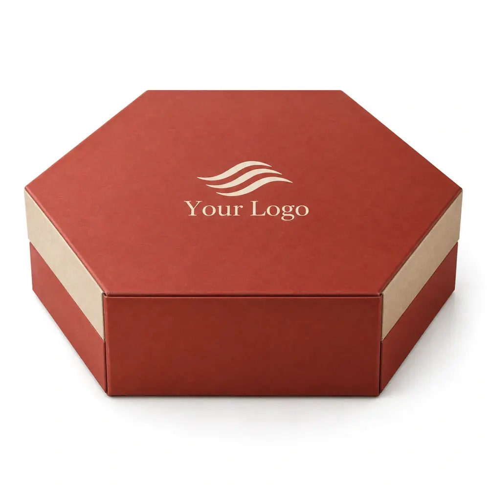 brick red with sand accents hexagonal magnetic boxes with Your Logo logo printing on a white background