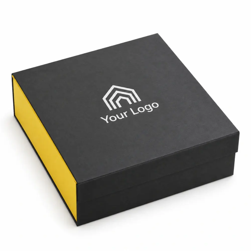 charcoal with lemon yellow accents magnetic book boxes with Your Logo logo printing on a white background