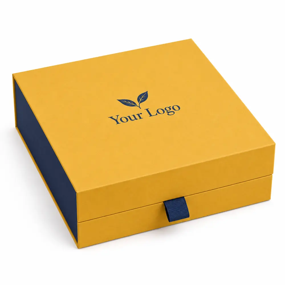saffron yellow with ink blue accents ribbon magnetic presentation boxes with Your Logo logo printing on a white background