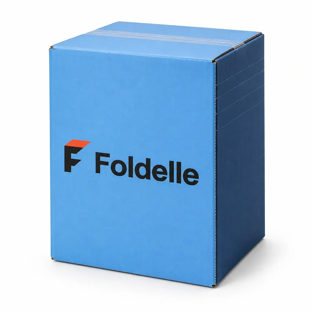 sky blue with navy accents adjustable-depth shippers with Foldelle logo printing on a white background
