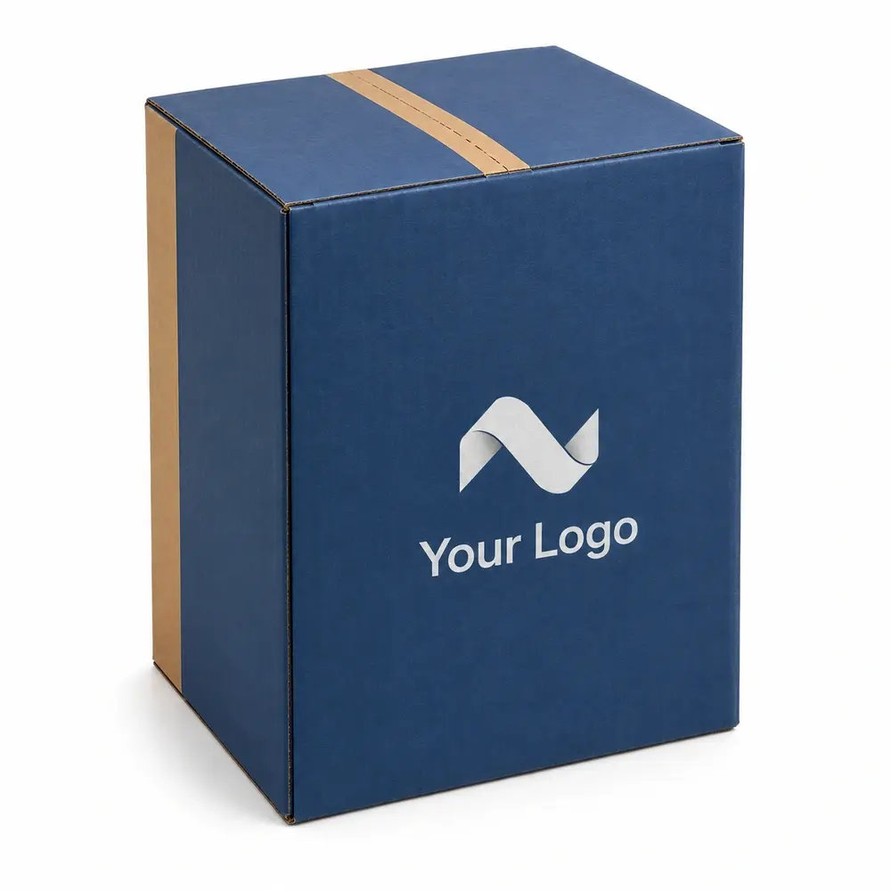 denim blue with ochre accents return shipping cartons with Your Logo logo printing on a white background