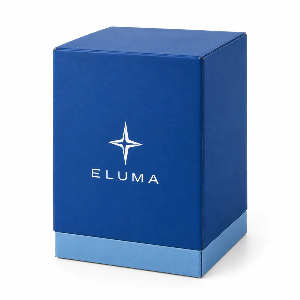 cobalt blue with ice blue accents telescoping shipping boxes with ELUMA logo printing on a white background
