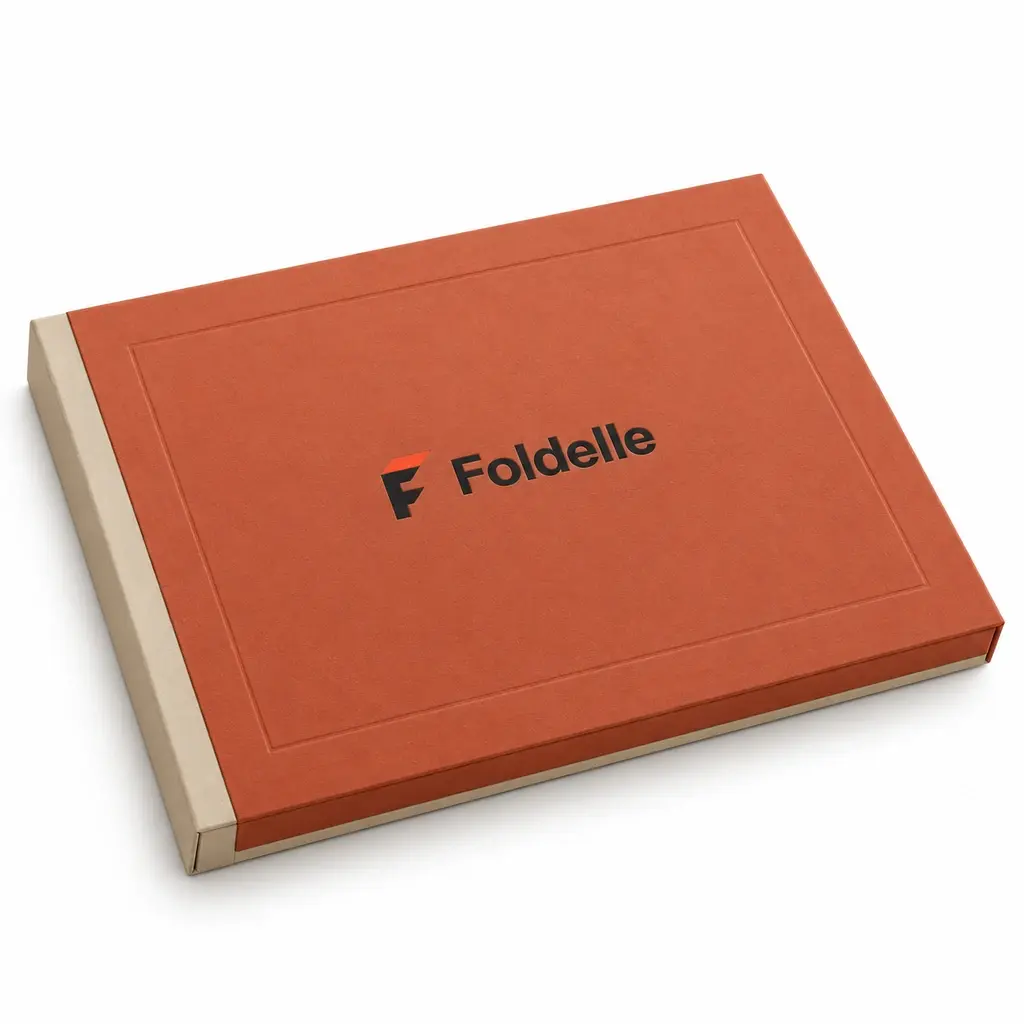 terracotta and sand landscape magnetic document presentation folio with Foldelle logo printing on a white background