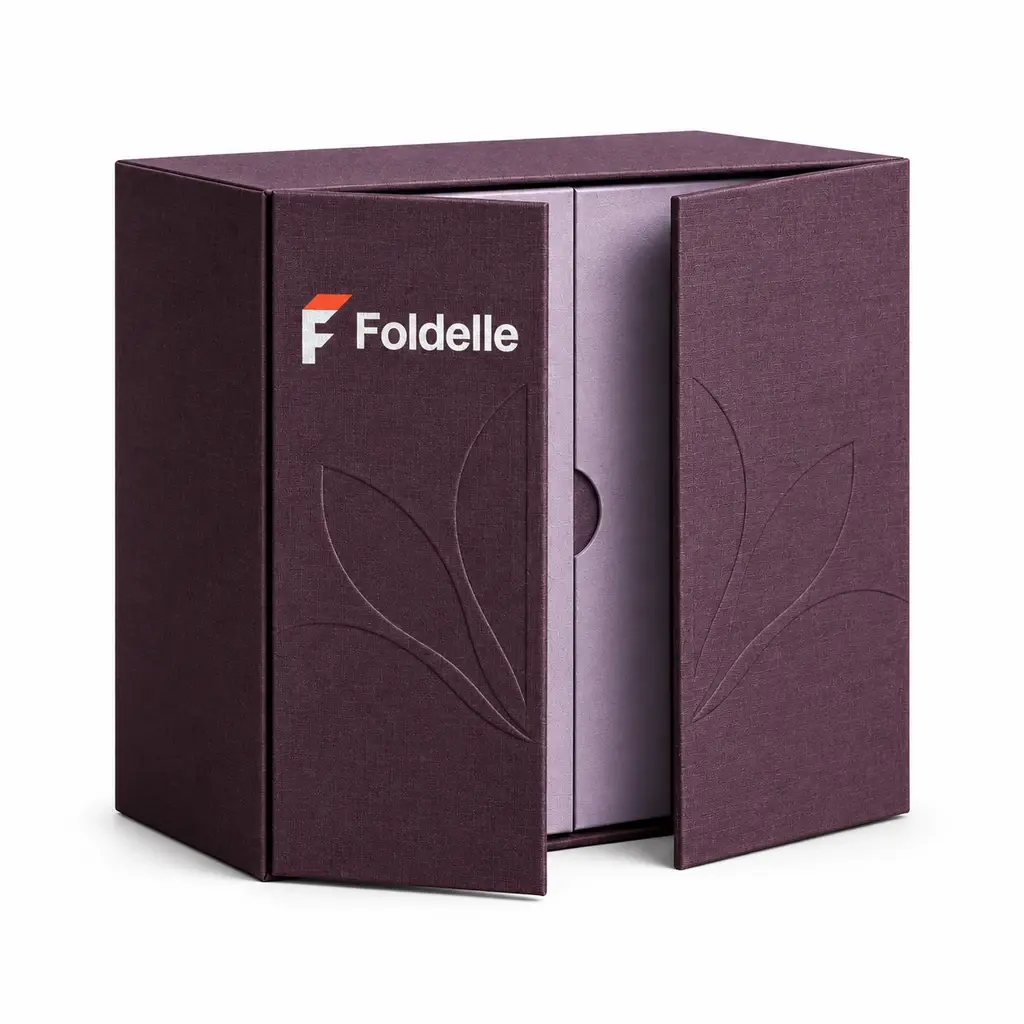 plum and lavender rigid box with two magnetic opening doors with Foldelle logo printing on a white background