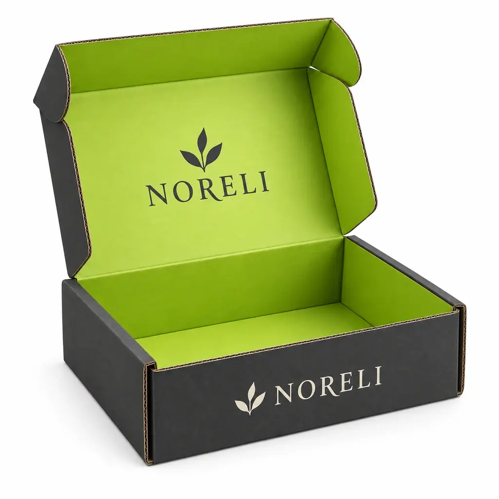 charcoal and lime deep double-wall corrugated box with NORELI logo printing on a white background