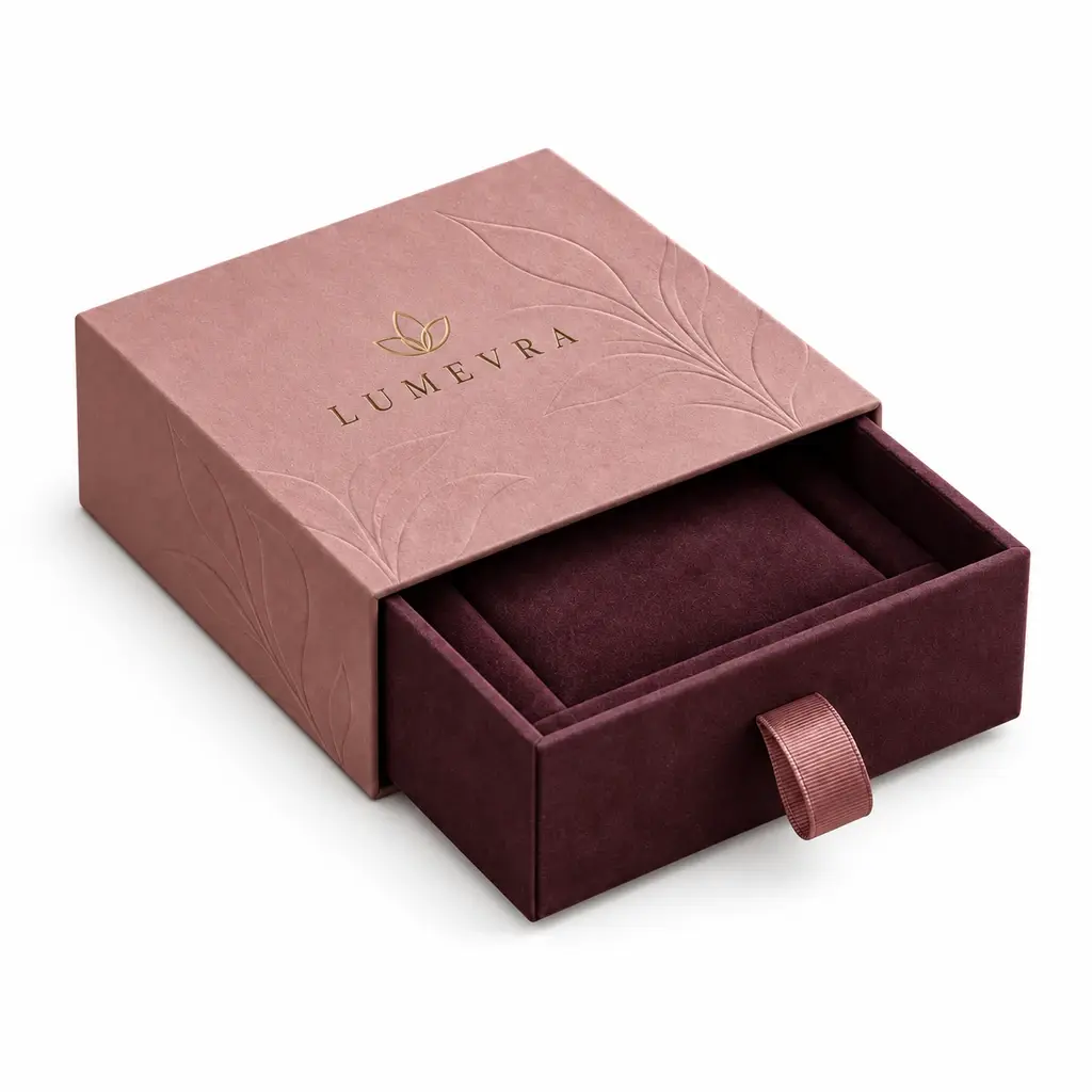 dusty rose and deep plum sleeve-and-tray drawer box with LUMEVRA logo printing on a white background