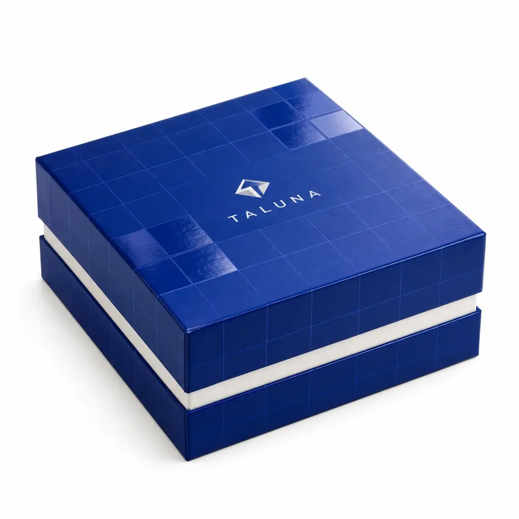 cobalt blue and white square shoulder-neck rigid product box with TALUNA logo printing on a white background