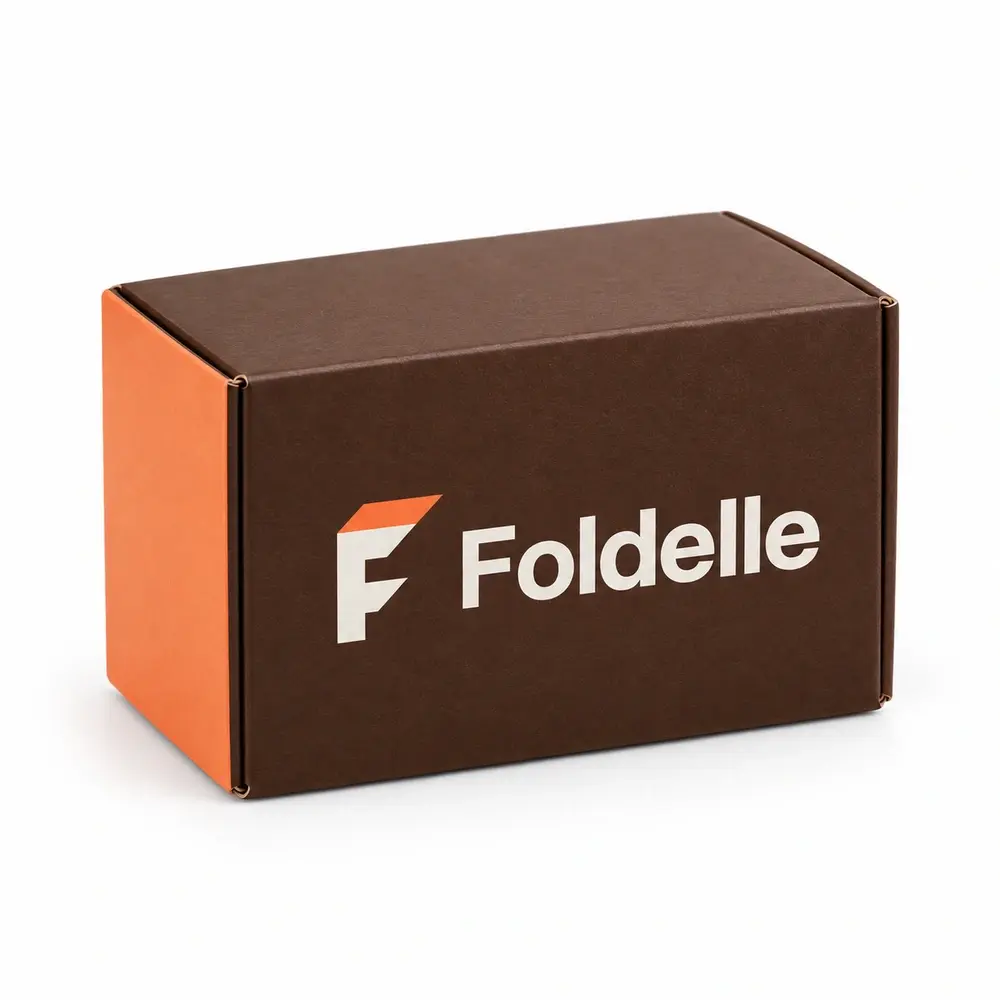 chocolate brown with apricot accents auto-lock base cartons with Foldelle logo printing on a white background