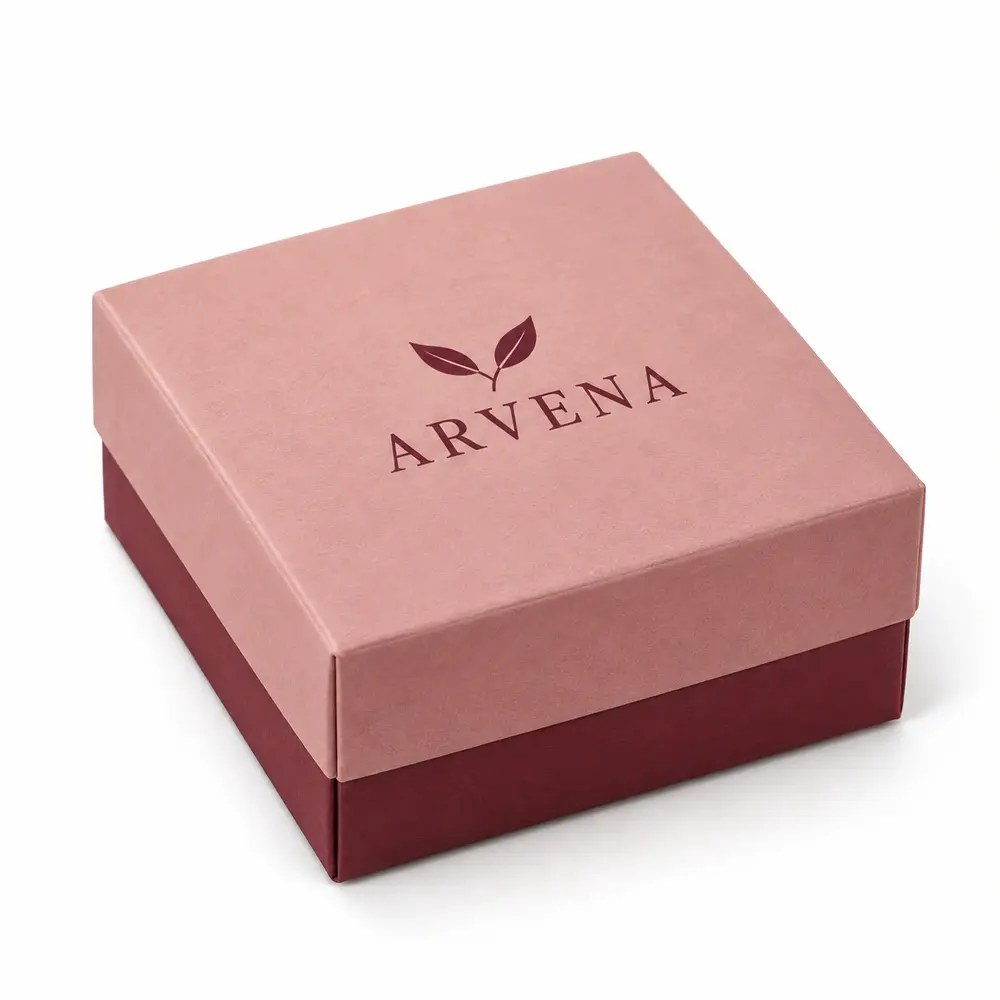 dusty rose with burgundy accents folding lid & base cartons with ARVENA logo printing on a white background