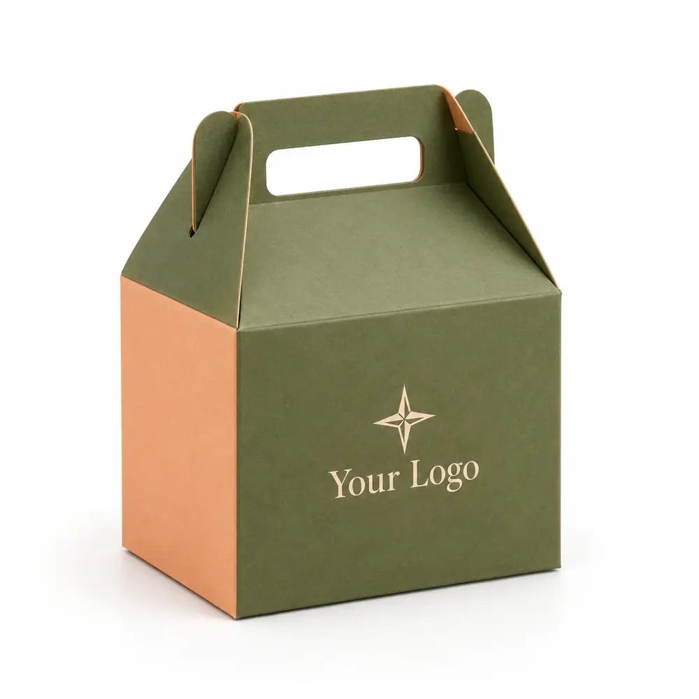 olive green with apricot accents gable gift cartons with Your Logo logo printing on a white background