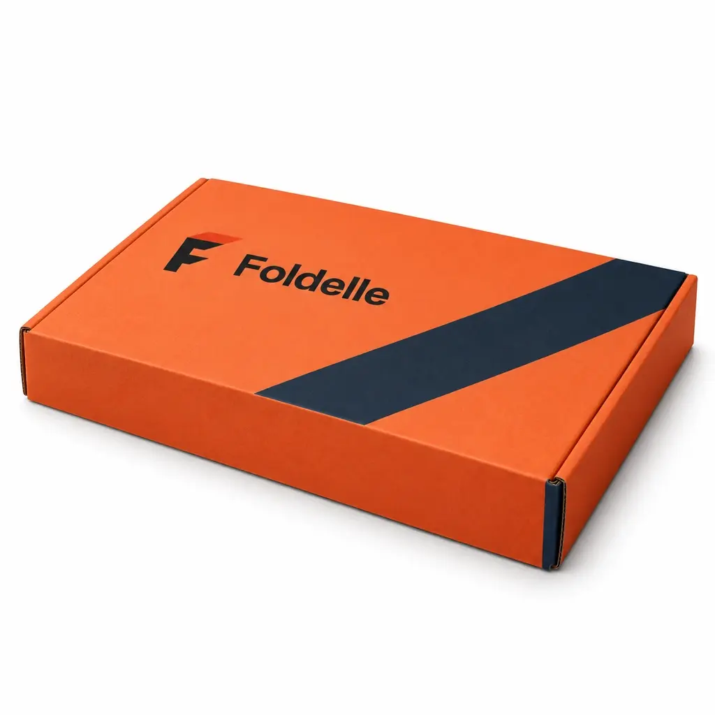 tangerine and navy end-opening corrugated document mailer with Foldelle logo printing on a white background