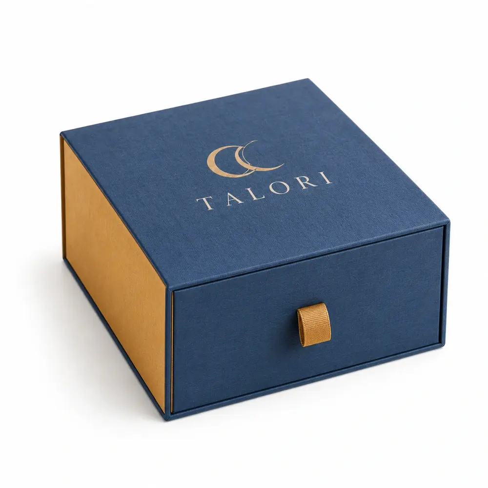 denim blue with ochre accents drawer presentation boxes with TALORI logo printing on a white background