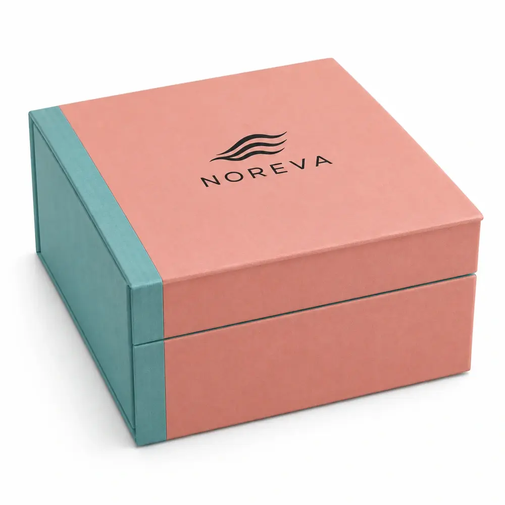 salmon pink with turquoise accents hinged keepsake boxes with NOREVA logo printing on a white background