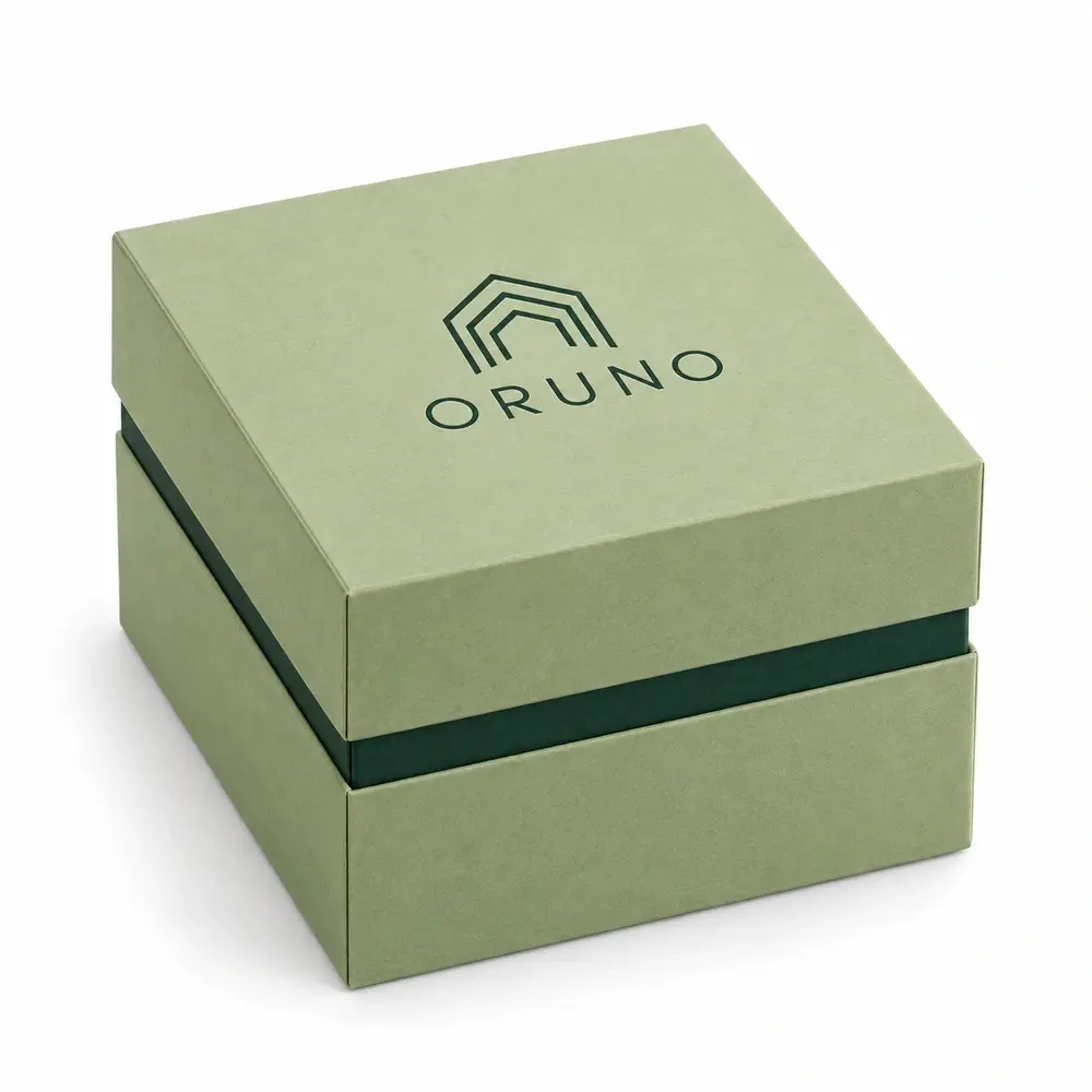pistachio with forest green accents lid & base boxes with ORUNO logo printing on a white background