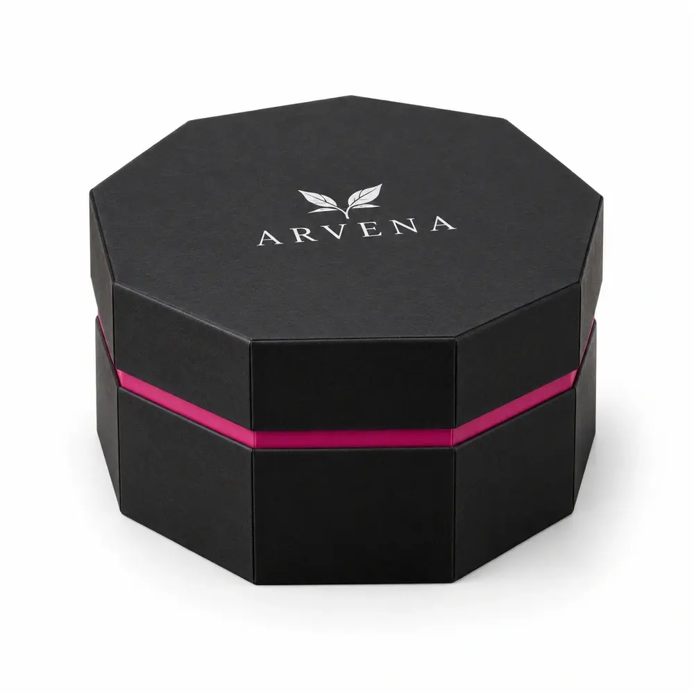 black with fuchsia accents octagonal gift boxes with ARVENA logo printing on a white background