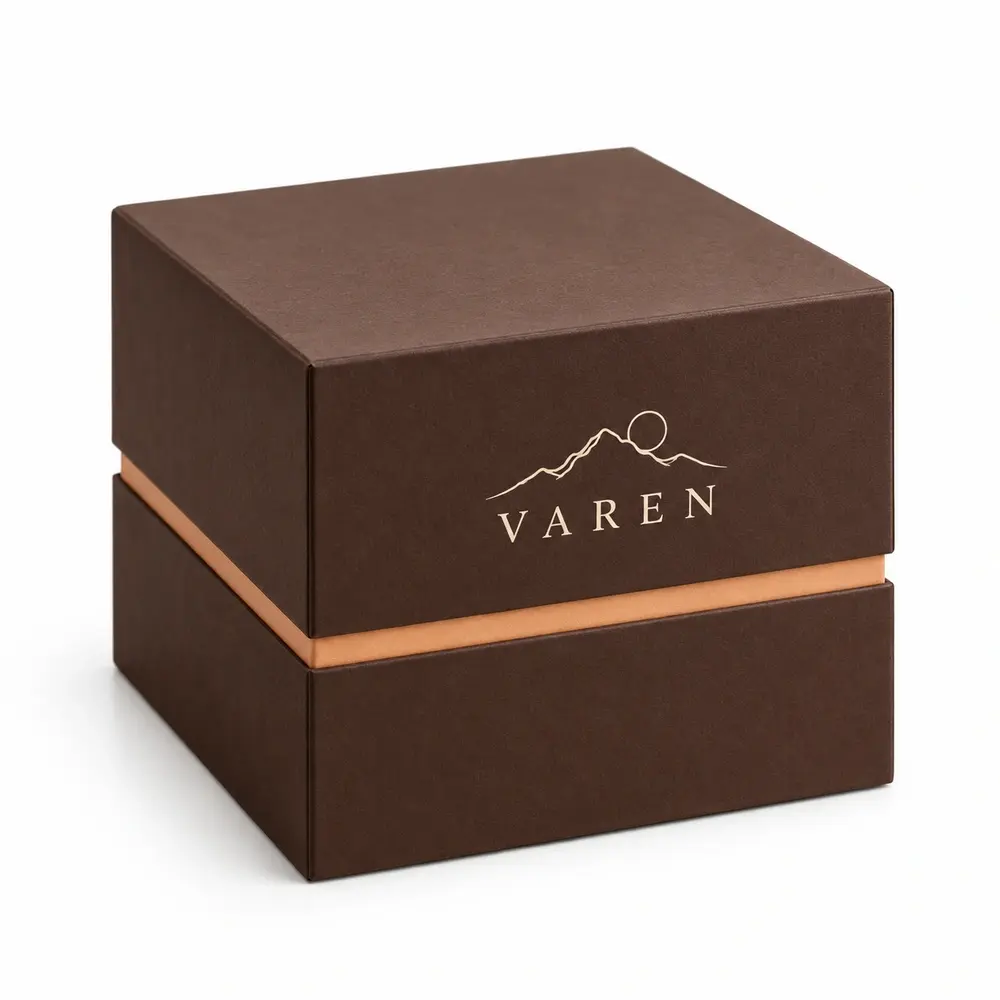 chocolate brown with apricot accents shoulder presentation boxes with VAREN logo printing on a white background
