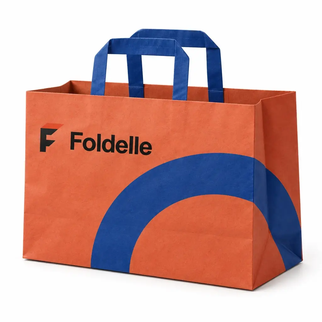 terracotta and cobalt wide gusseted bag with flat paper handles with Foldelle logo printing on a white background