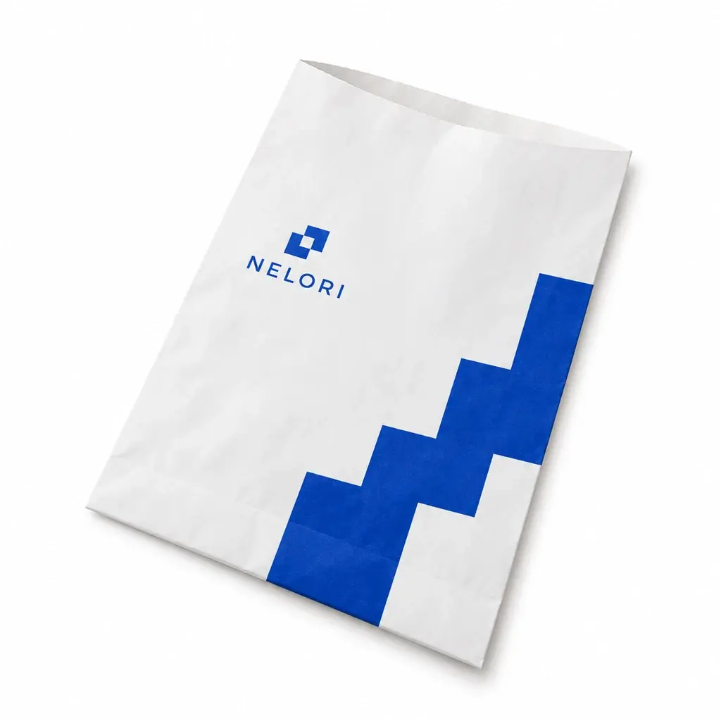 white and cobalt flat gusset-free retail paper bag with NELORI logo printing on a white background
