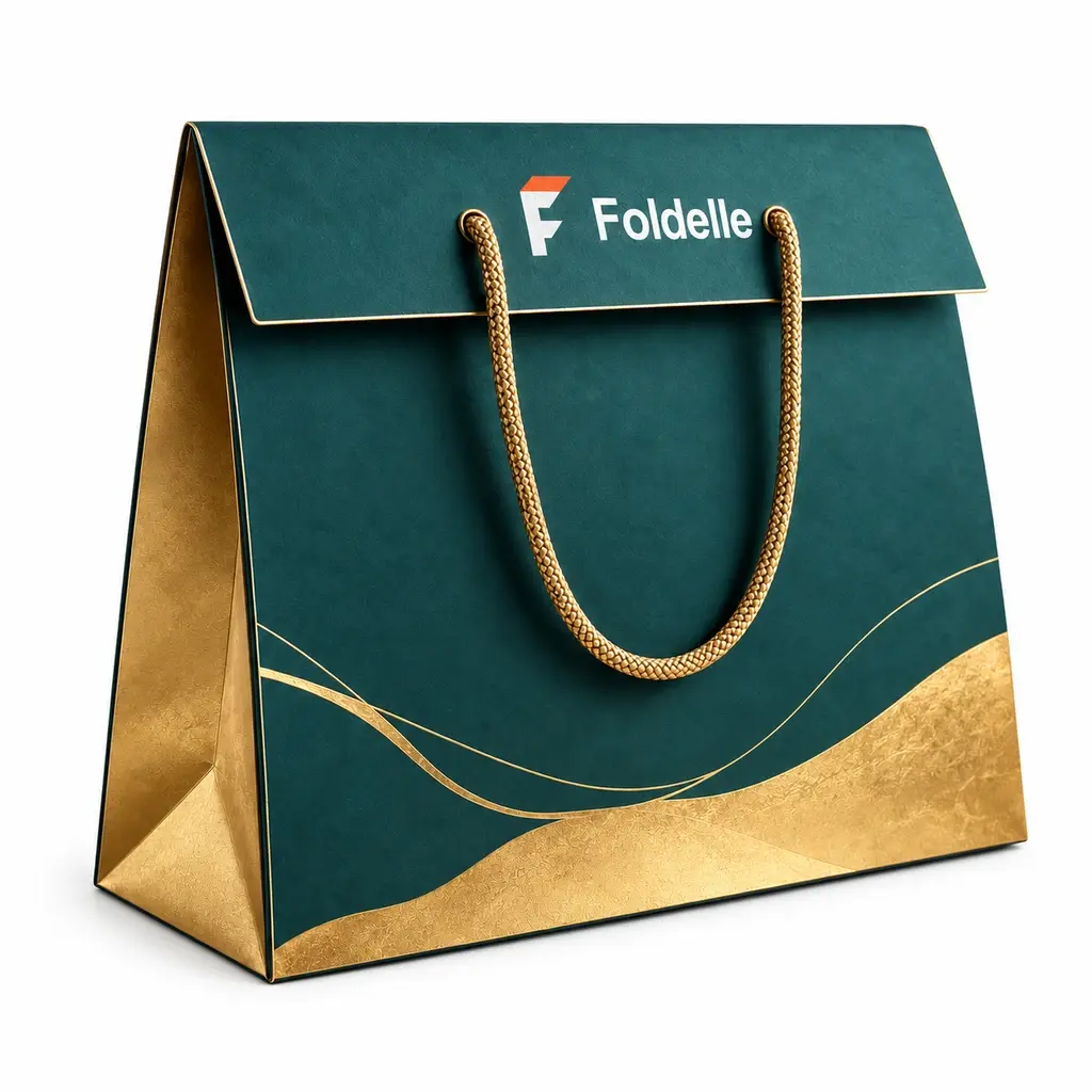teal and gold wide bag with fold-over closing flap with Foldelle logo printing on a white background