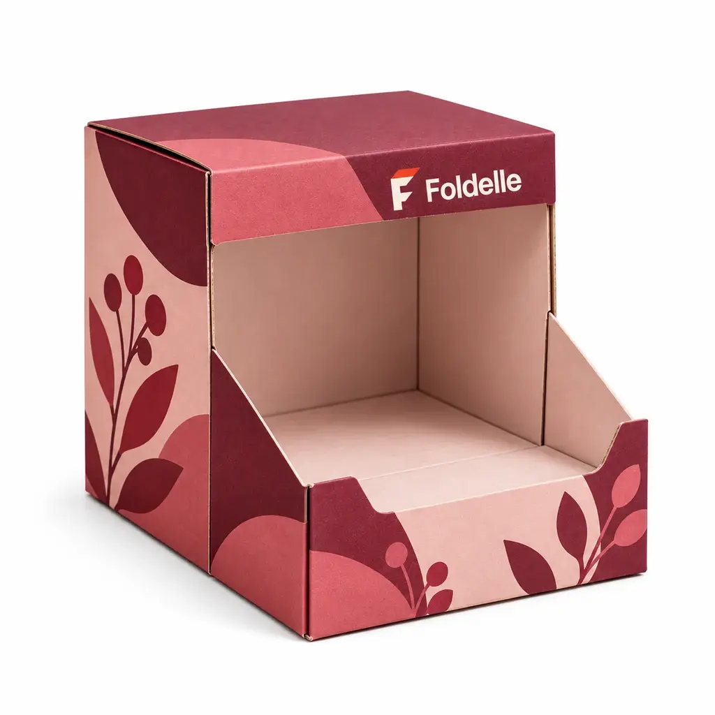 berry and blush folding carton with tear-open display front with Foldelle logo printing on a white background