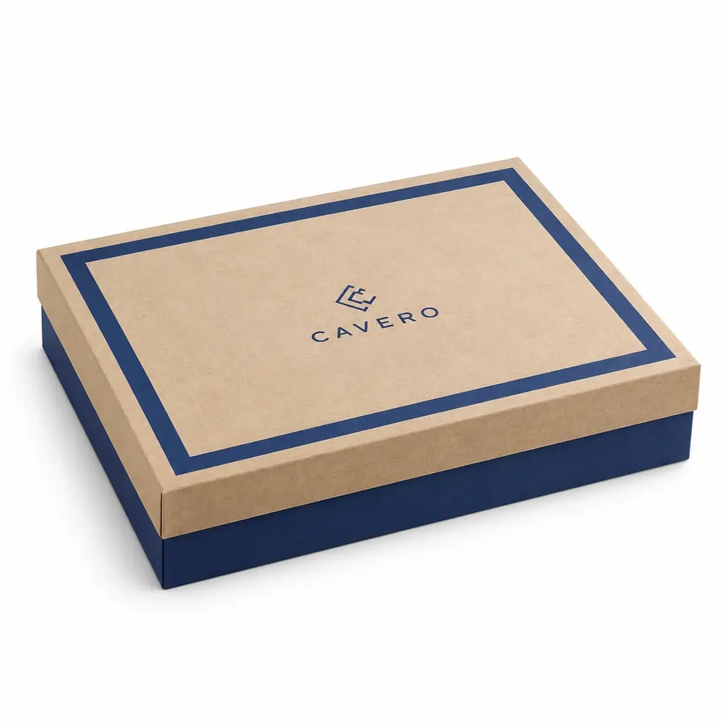 sand and cobalt two-piece folding paperboard apparel carton with CAVERO logo printing on a white background