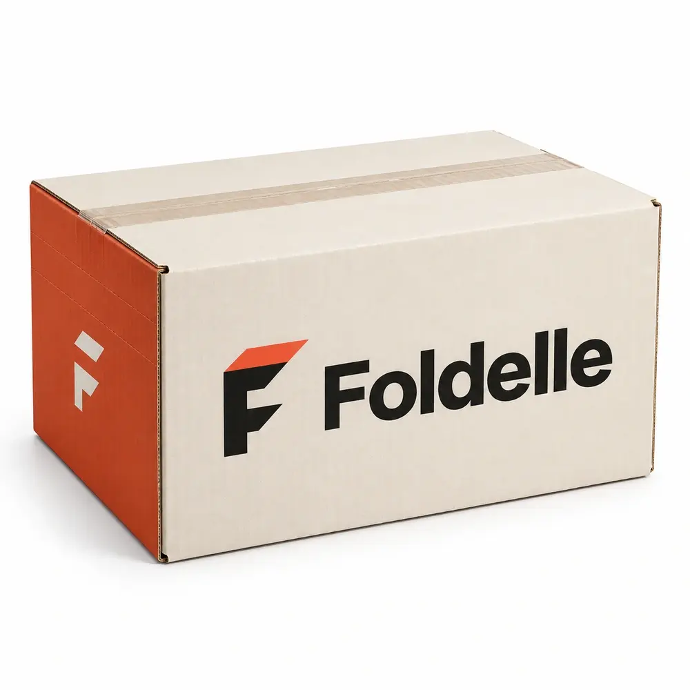 ivory with terracotta accents adjustable-depth shippers with Foldelle logo printing on a white background