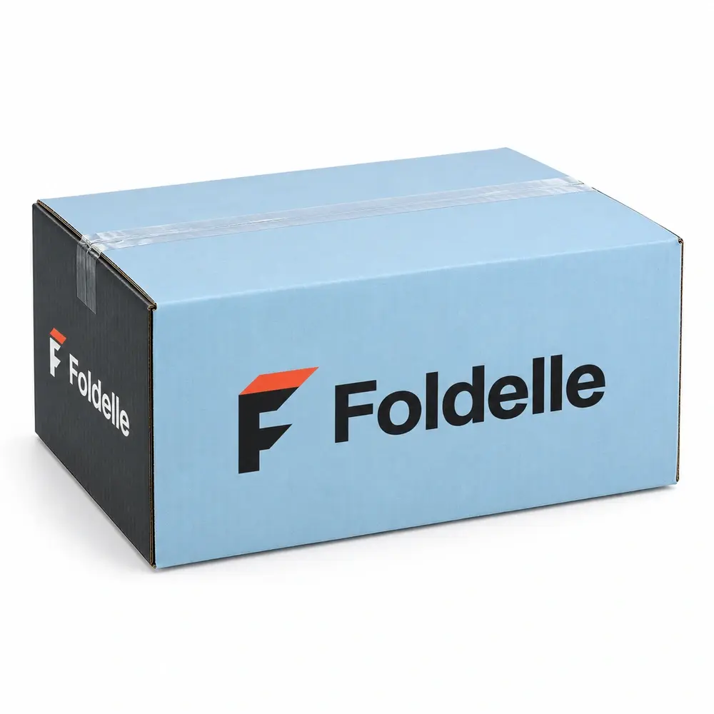 glacier blue with charcoal accents divided transit cartons with Foldelle logo printing on a white background