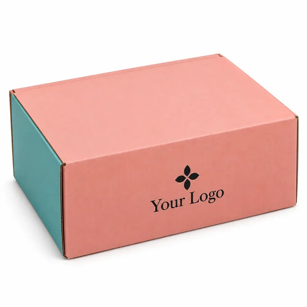 salmon pink with turquoise accents full-overlap shippers with Your Logo logo printing on a white background