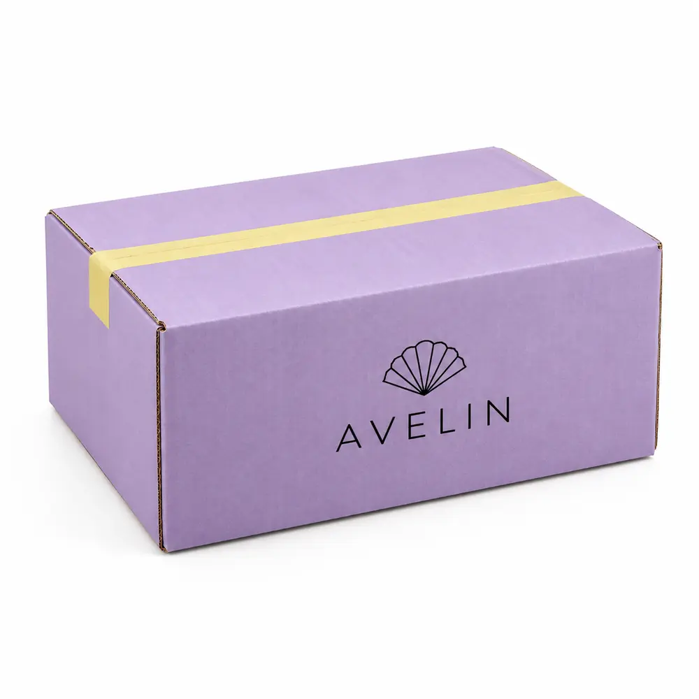 lavender with lemon yellow accents regular slotted shippers with AVELIN logo printing on a white background