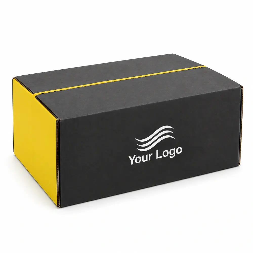 charcoal with lemon yellow accents return shipping cartons with Your Logo logo printing on a white background