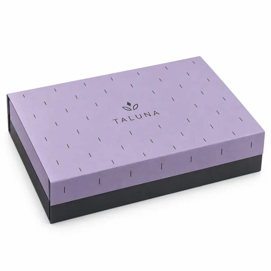 lilac and charcoal shallow multi-vial magnetic discovery box with TALUNA logo printing on a white background
